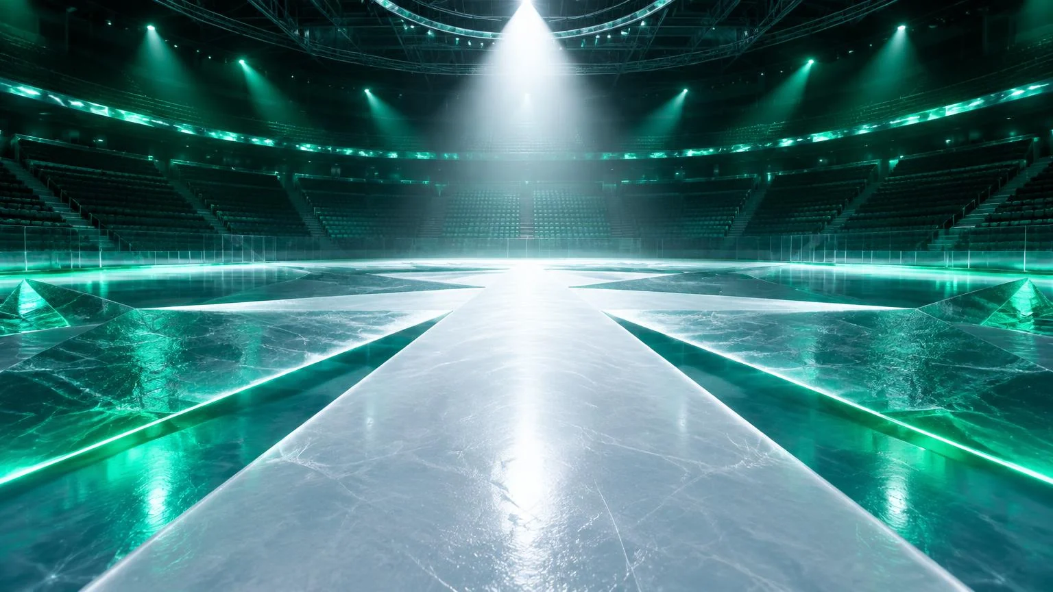 Empty ice arena with angular ice pathways under emerald spotlights