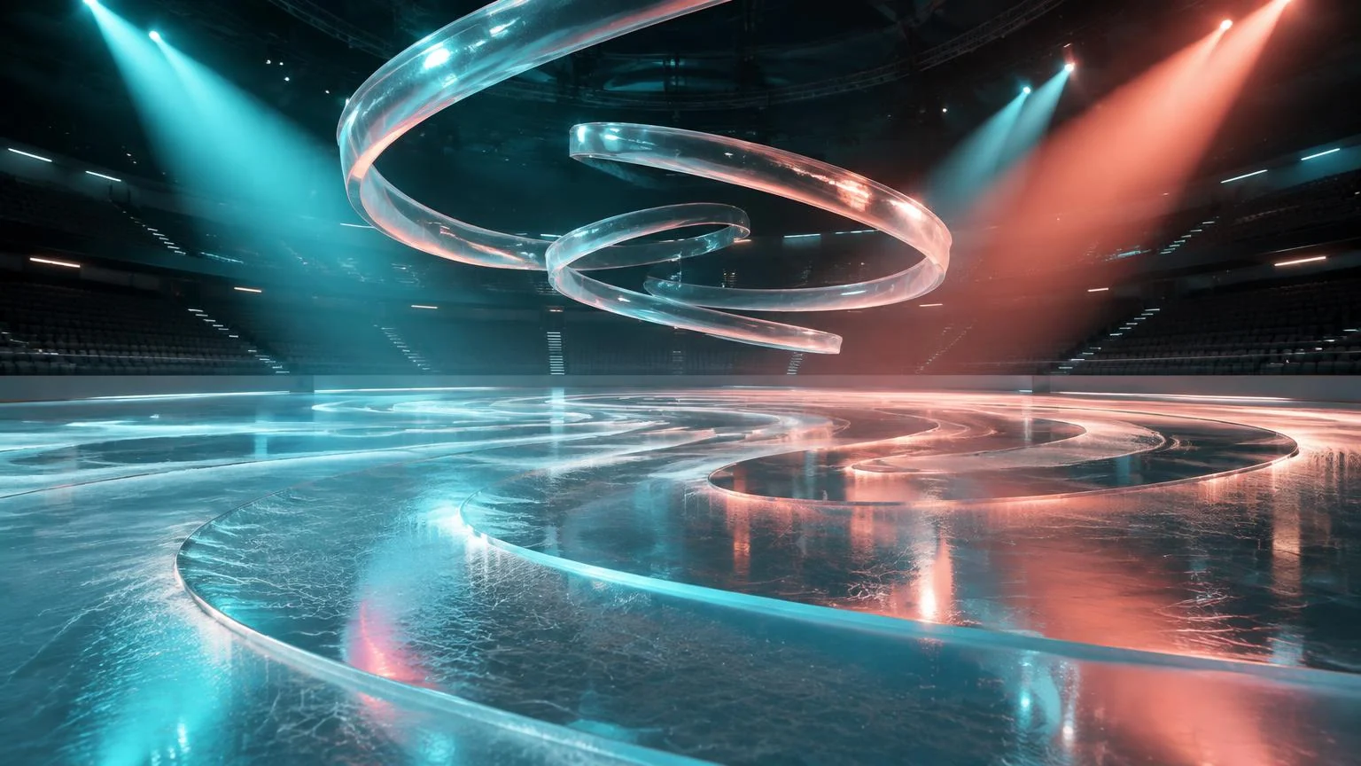 Empty ice arena with abstract translucent rings in turquoise and coral light