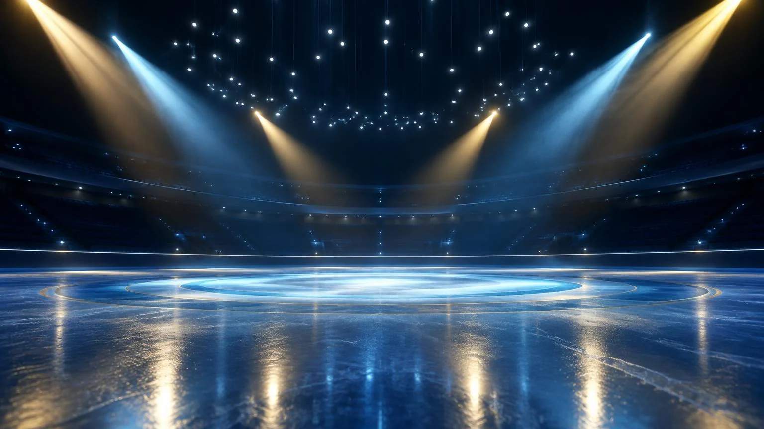 Empty ice arena with abstract overhead lights and a luminous circular rink