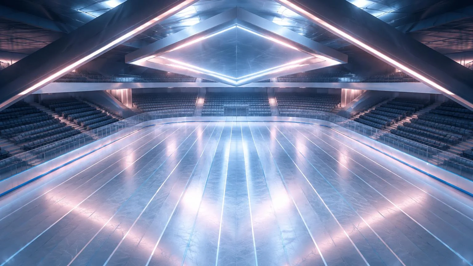 Empty ice arena beneath luminous diamond frames in silver and rose light