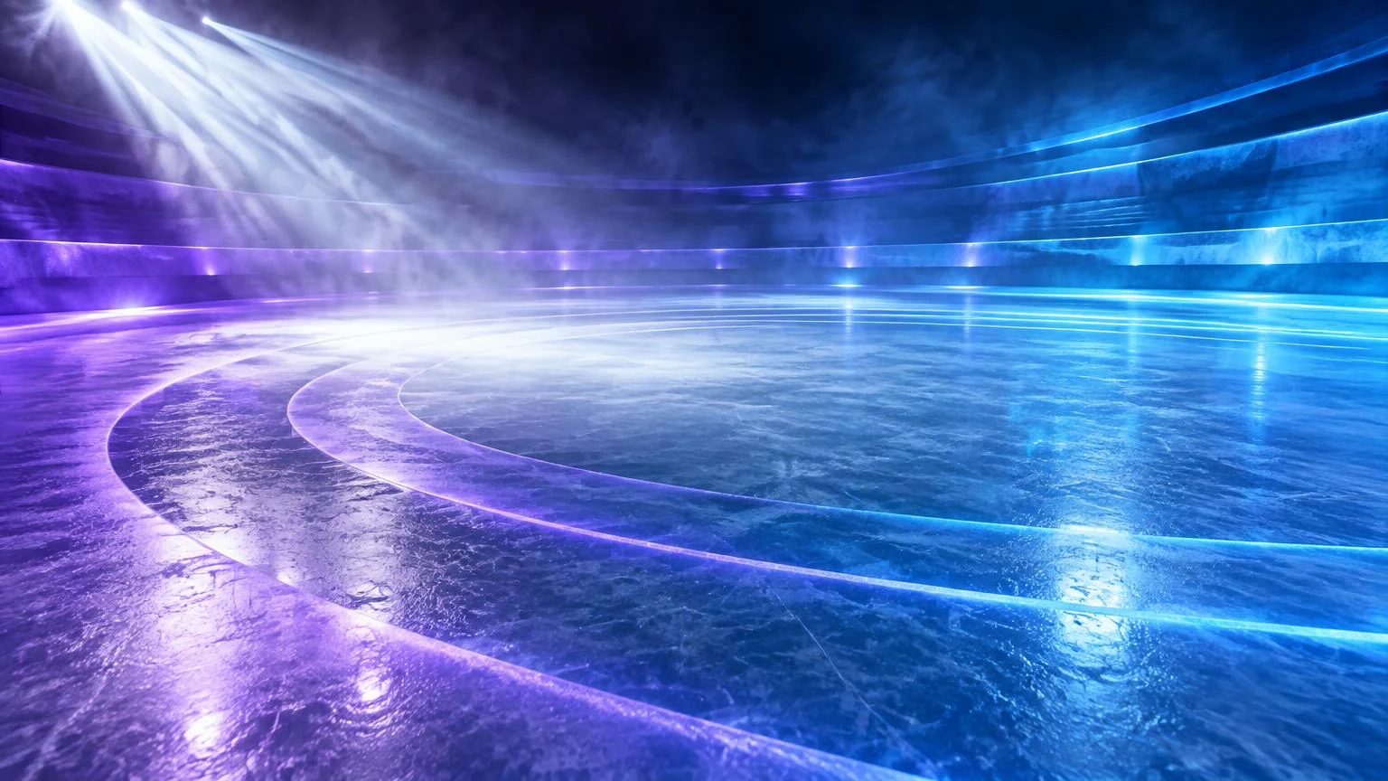 Empty ice arena with concentric rink arcs beneath violet and blue light
