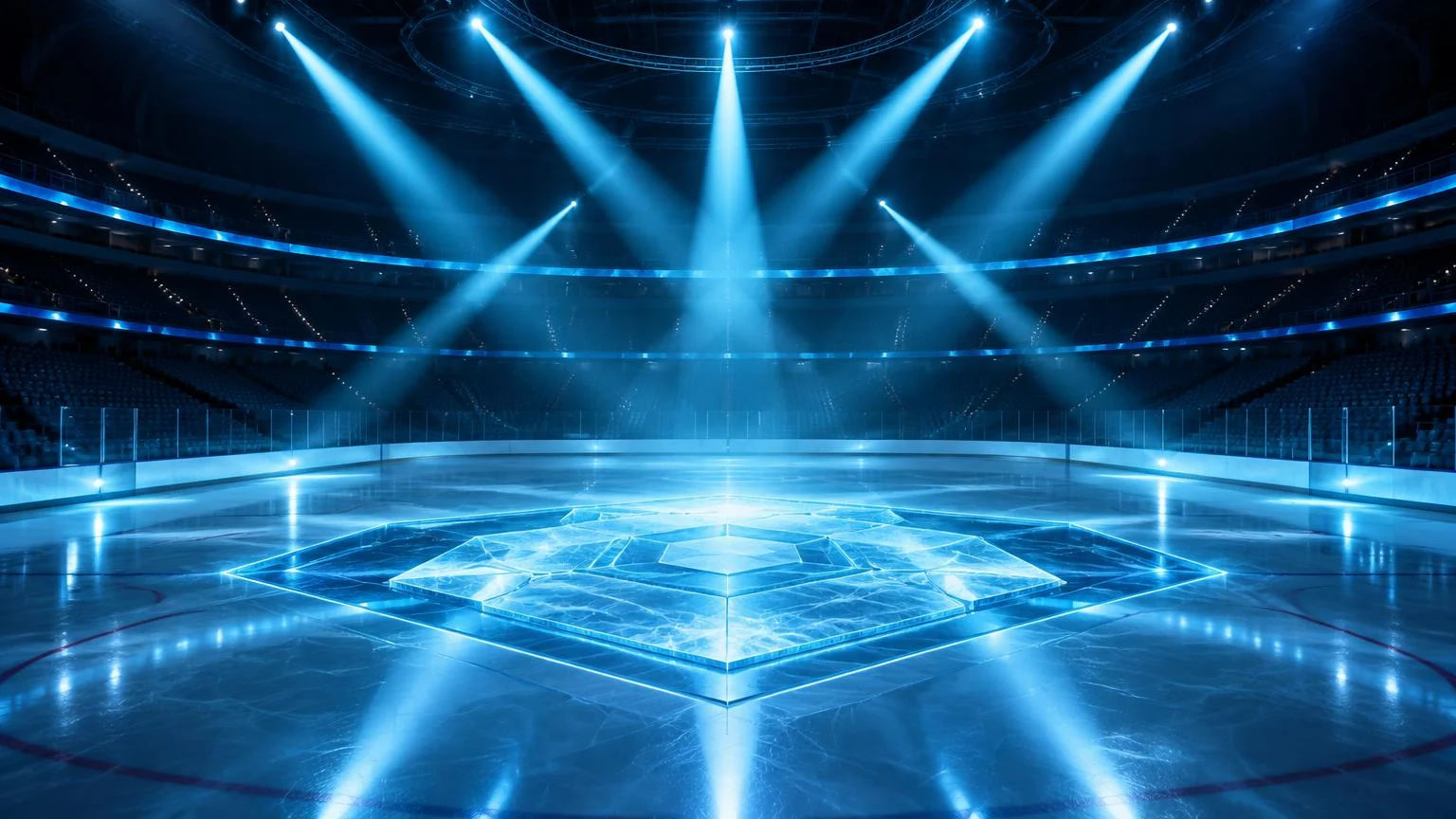 Empty ice arena with crystalline geometric ice beneath crossing blue spotlights