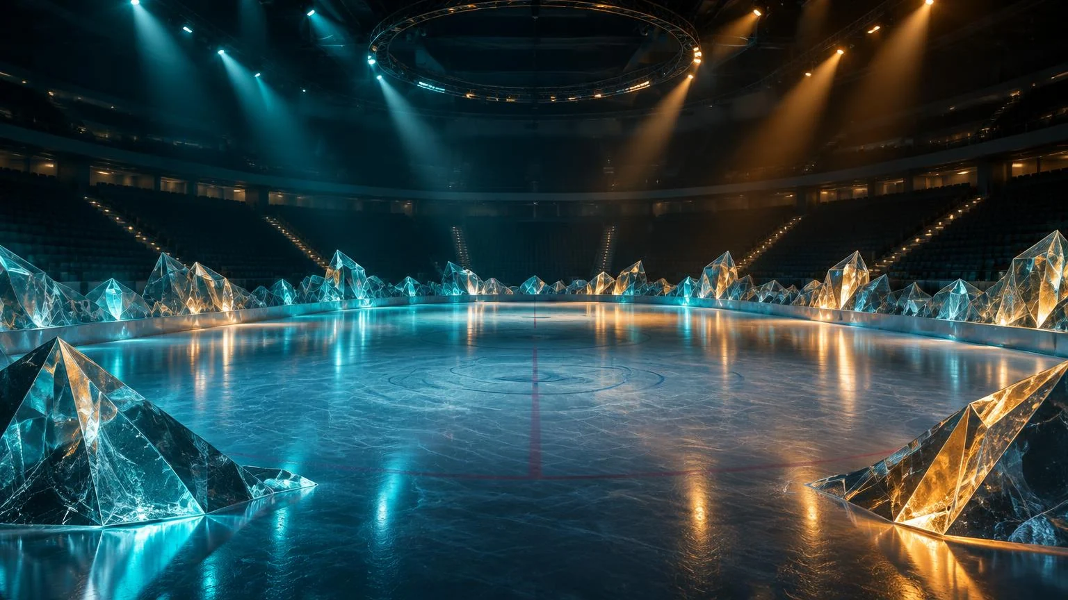 Empty ice arena edged by abstract crystal prisms in teal and amber light