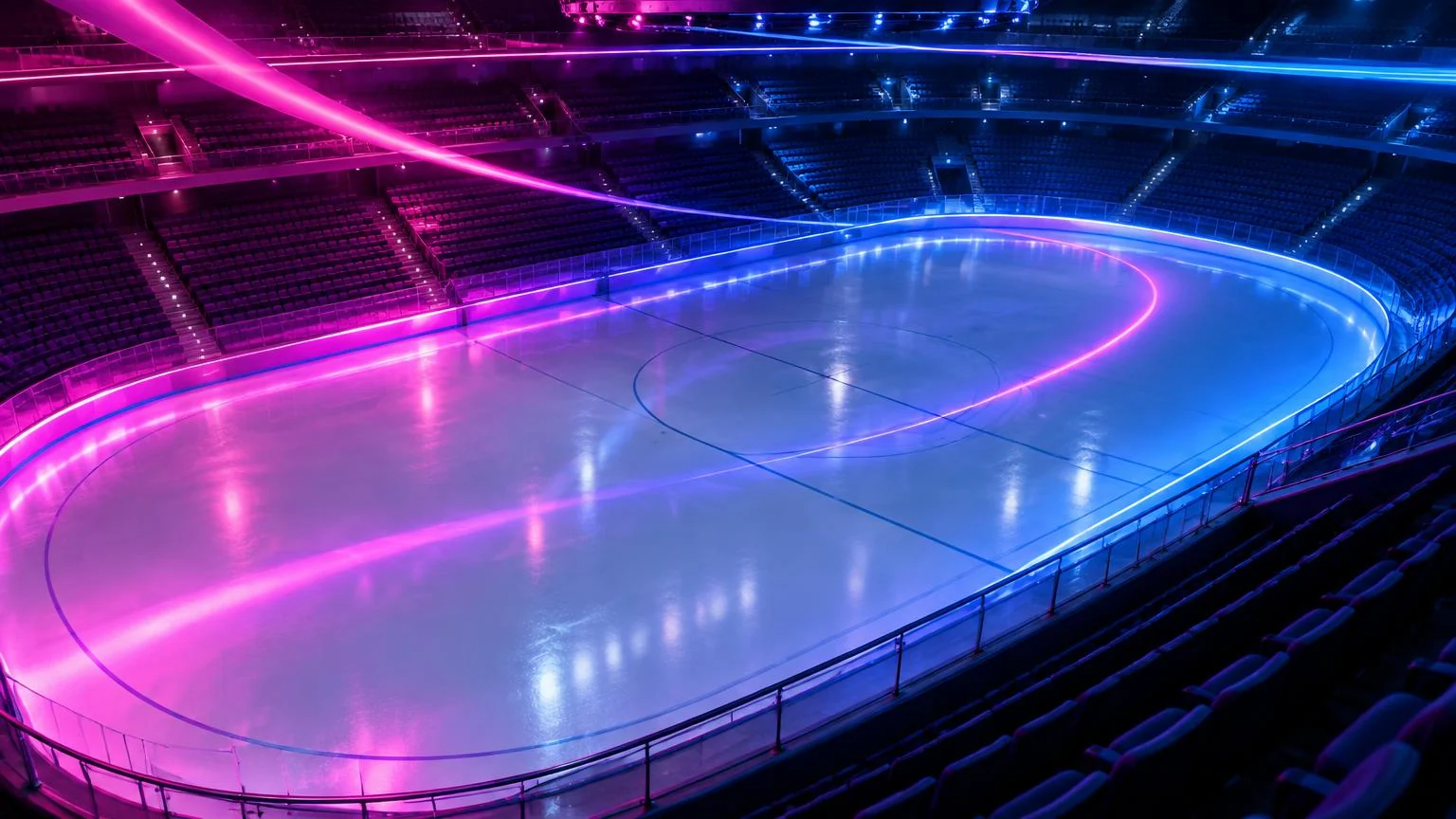 Empty ice arena crossed by sweeping magenta and blue ribbons of light