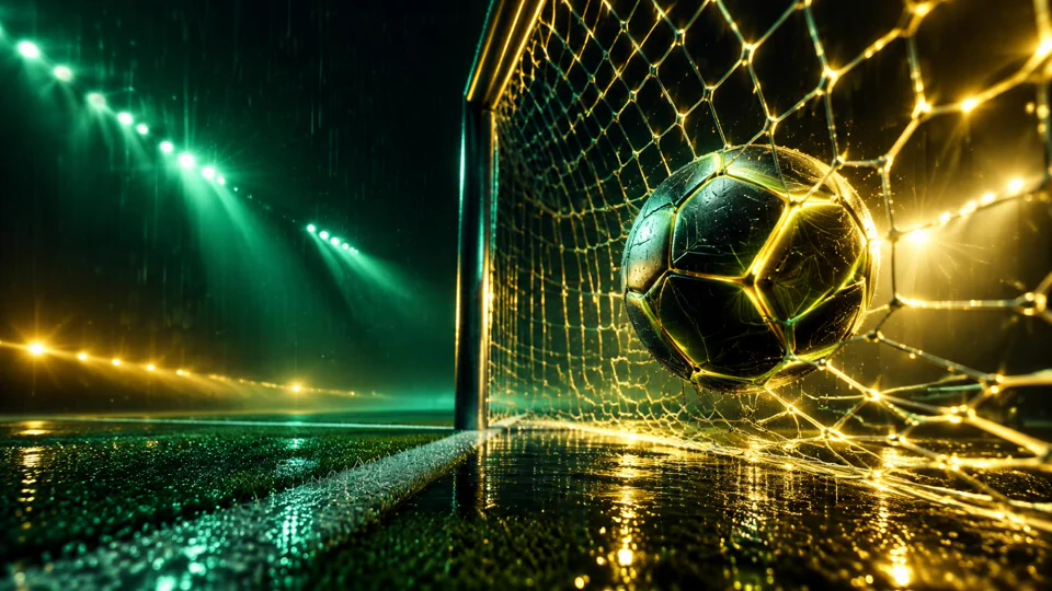 Generic soccer ball in a rain-lit goal beneath emerald and gold lights