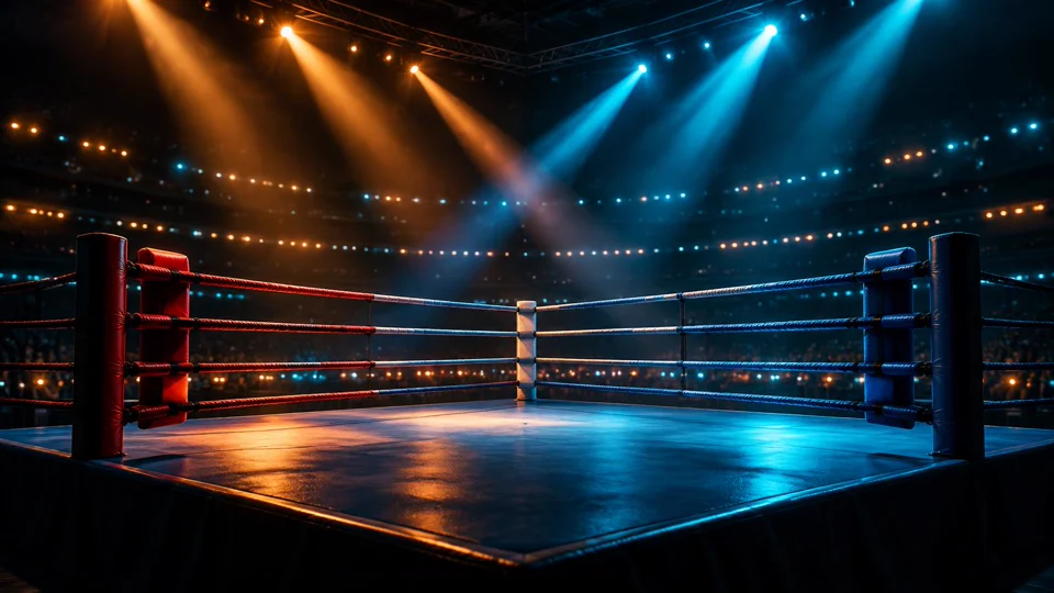 Generic boxing ring under amber and cyan arena spotlights