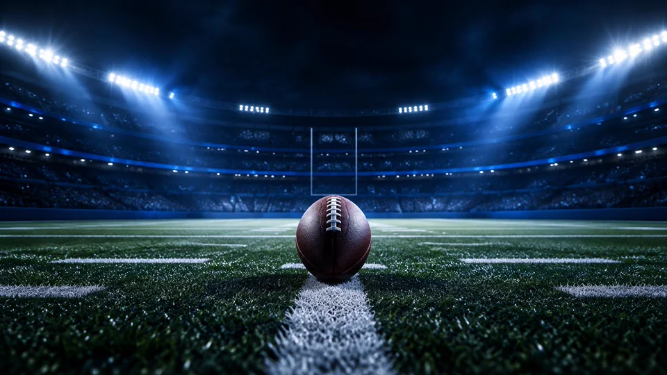 Generic football resting at midfield under cool stadium lights