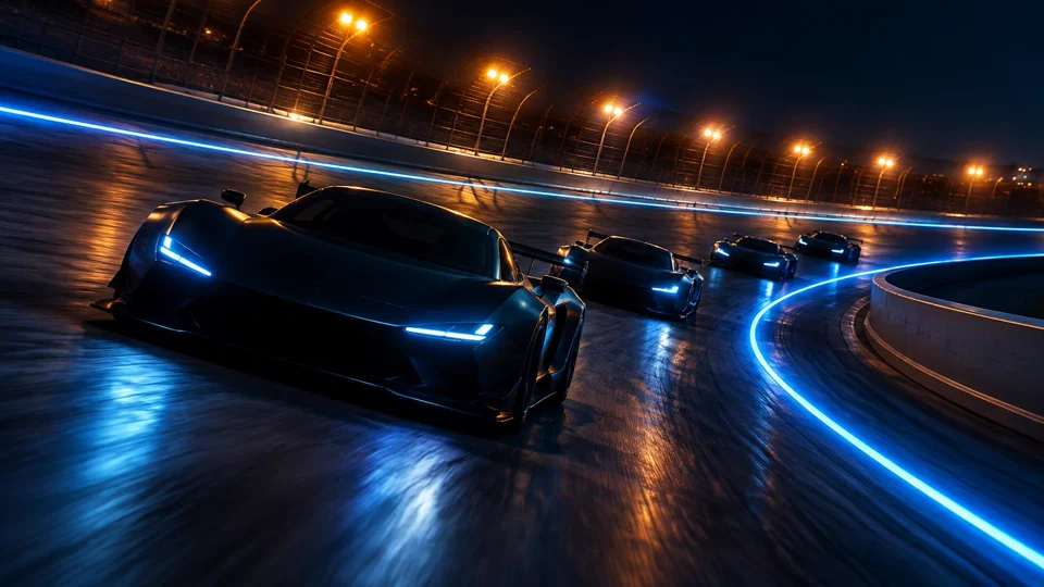Unbranded race cars entering a banked night turn