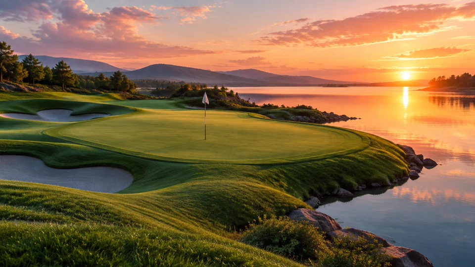 Generic tournament golf green beside reflective water at sunrise