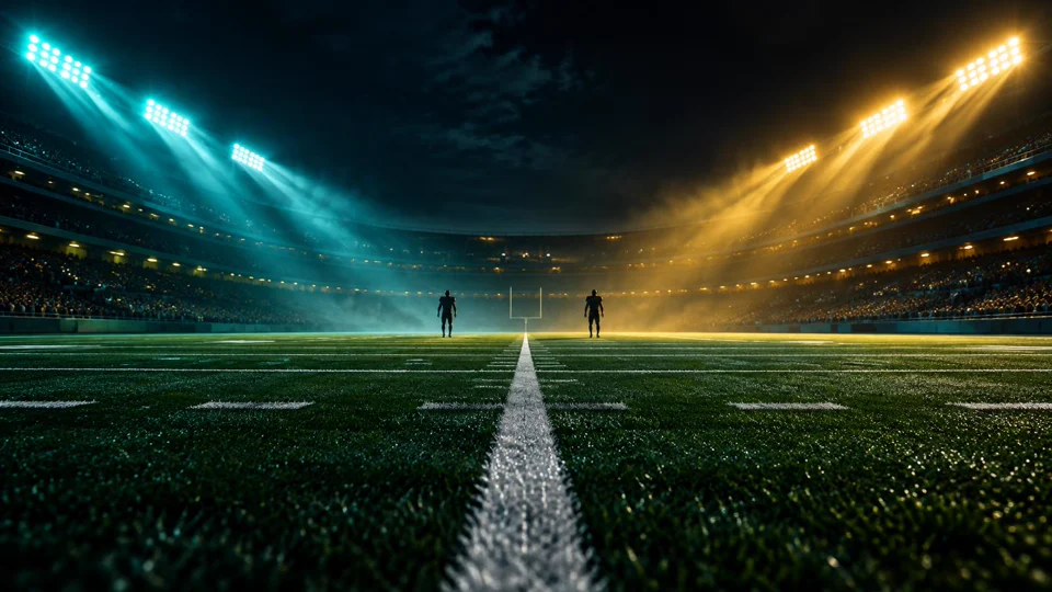 Generic college football field under teal and gold stadium lights