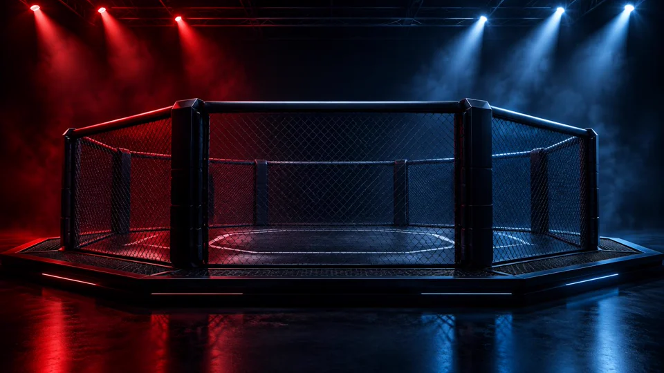 Generic empty mixed martial arts cage under red and blue lights